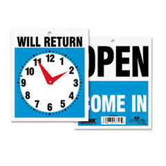 Double-Sided Open/Will Return Sign w/Clock Hands, Plastic,
